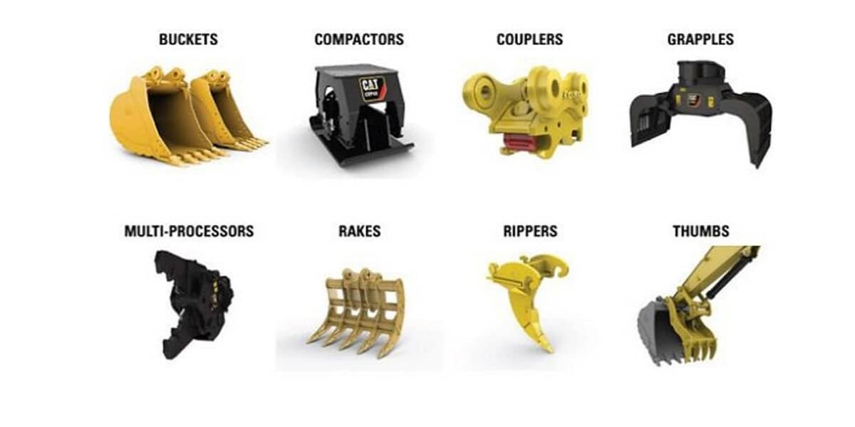 Name and image of cat attachments including buckets, compactors, couples, grapples, multiprocessors, rakes, rippers and thumbs